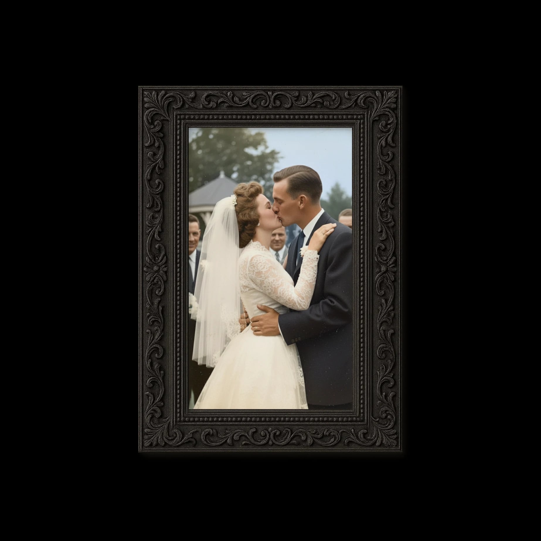 Restored wedding photo in ornate frame